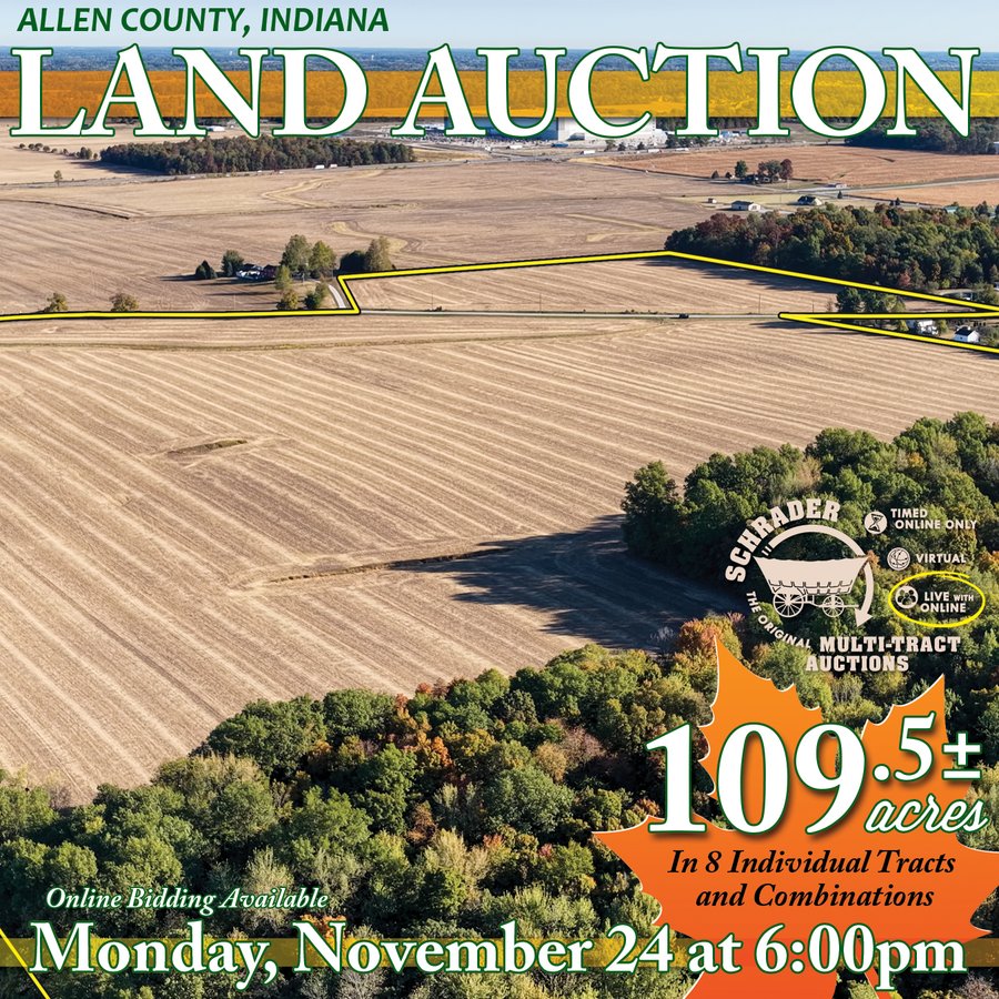 LAND AUCTION - 109.5+/- ACRES OFFERED IN 8 TRACTS IN ALLEN COUNTY, INDIANA