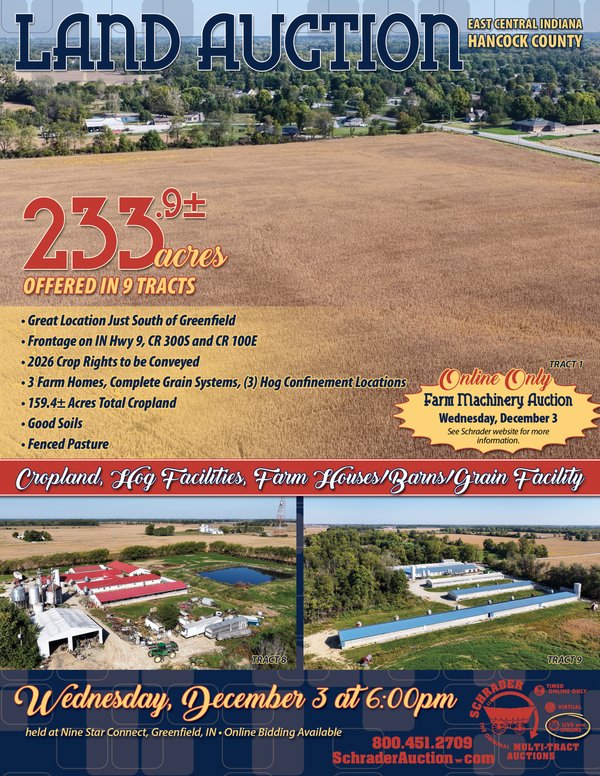 Sold: LAND AUCTION - 233.9+/- ACRES OFFERED IN 9 TRACTS IN HANCOCK COUNTY, INDIANA - 1162 E CR 300S, Greenfield, IN 46140 - Hancock County, Indiana