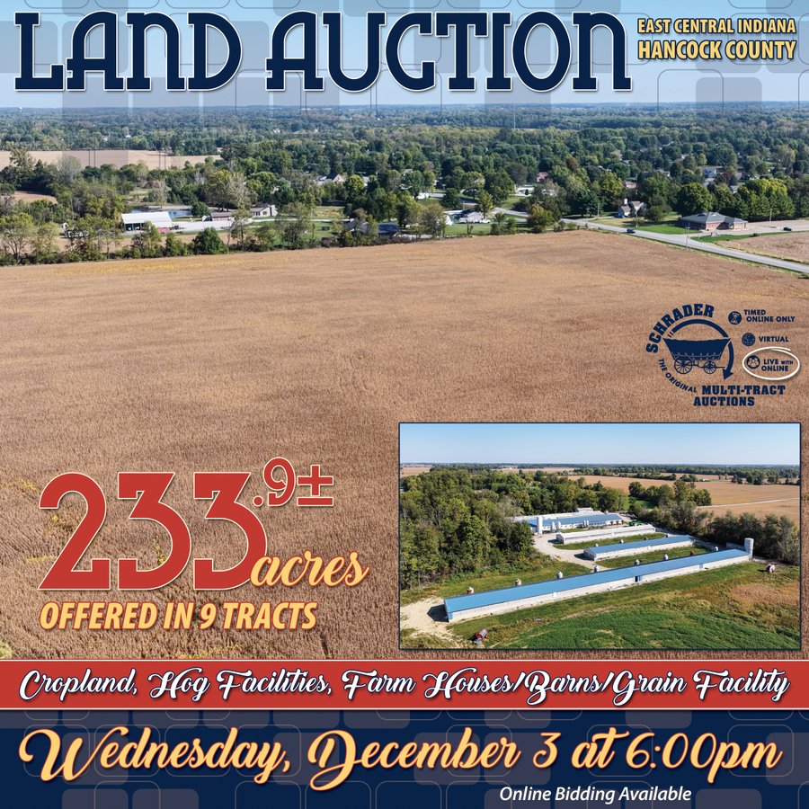 LAND AUCTION - 233.9+/- ACRES OFFERED IN 9 TRACTS IN HANCOCK COUNTY, INDIANA