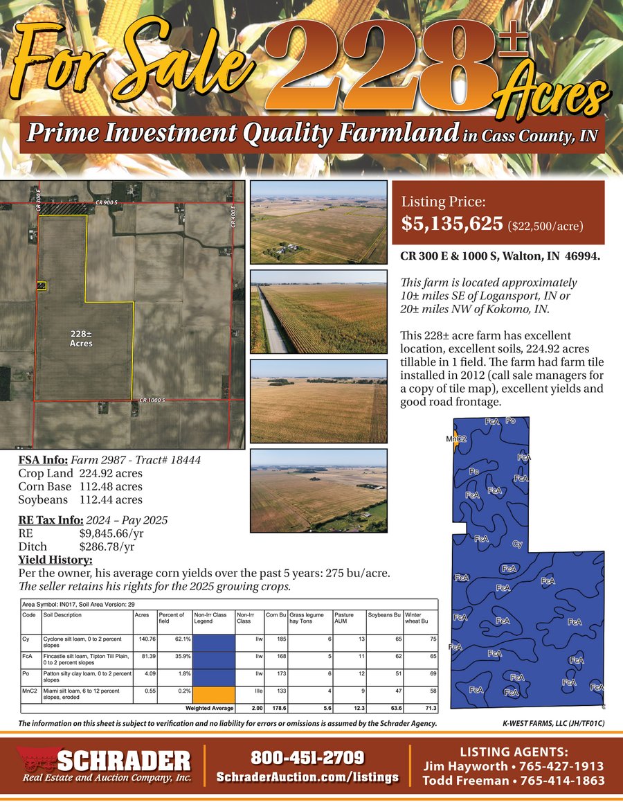 For sale: LAND FOR SALE - 228+/-ACRES IN CASS COUNTY, INDIANA - CR 300 E & 1000 S, Walton, IN 46994