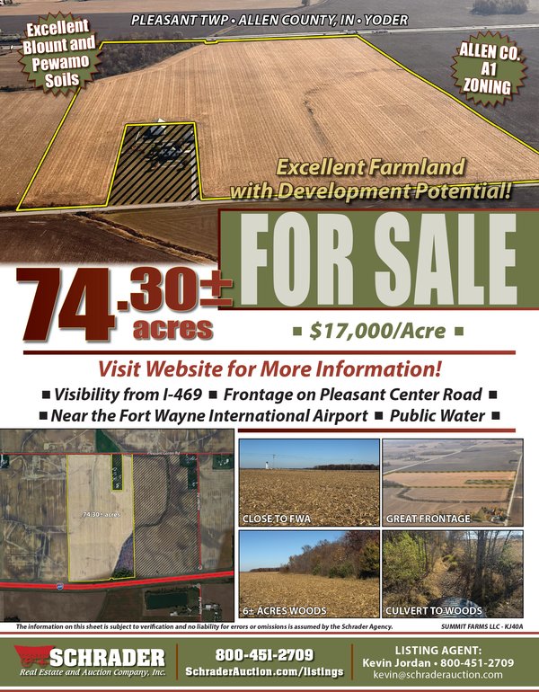 Listing brochure cover - LAND FOR SALE - 74.30+/-ACRES OFFERED IN 1 TRACT IN ALLEN COUNTY, INDIANA