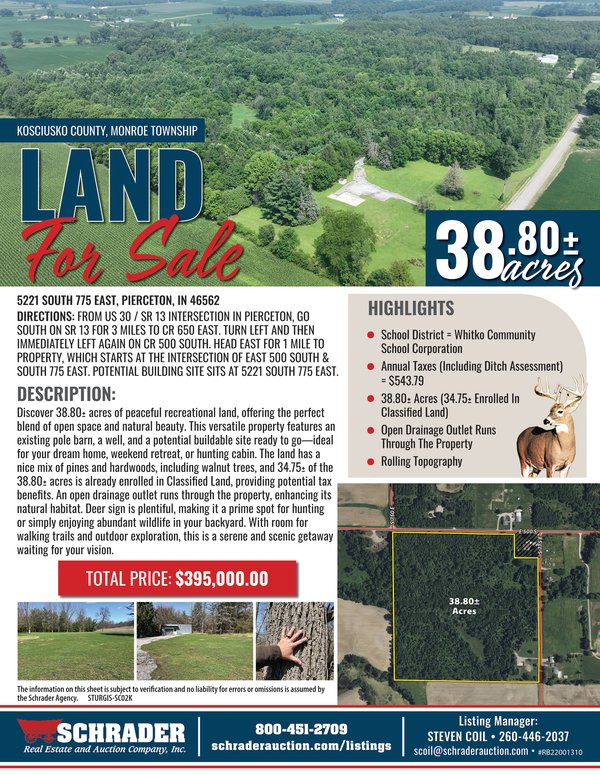 Listing brochure cover - LAND FOR SALE - 38.80+/- ACRES OFFERED IN KOSCIUSKO COUNTY, INDIANA