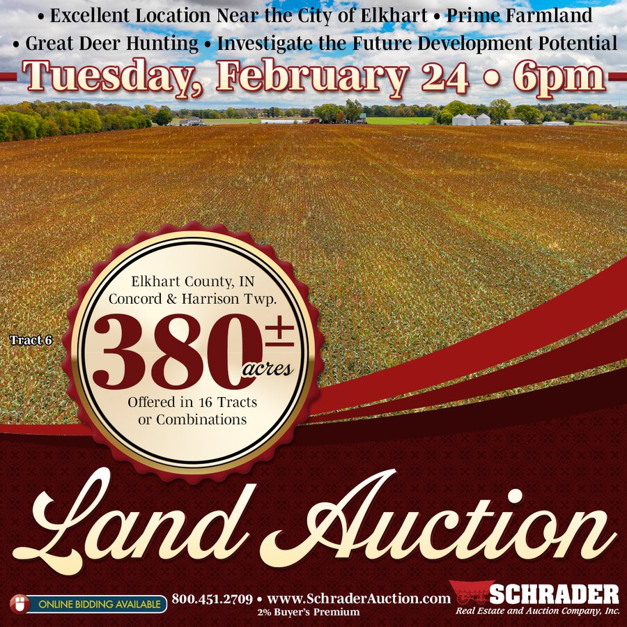 LAND AUCTION - 380+/-ACRES OFFERED IN 16 TRACTS IN ELKHART COUNTY, INDIANA
