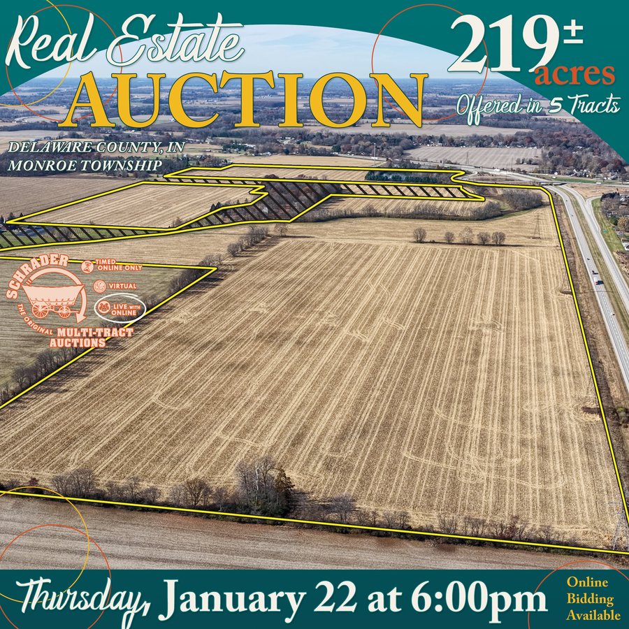 REAL ESTATE AUCTION - 219+/- ACRES OFFERED IN 5 TRACTS IN DELAWARE COUNTY, INDIANA