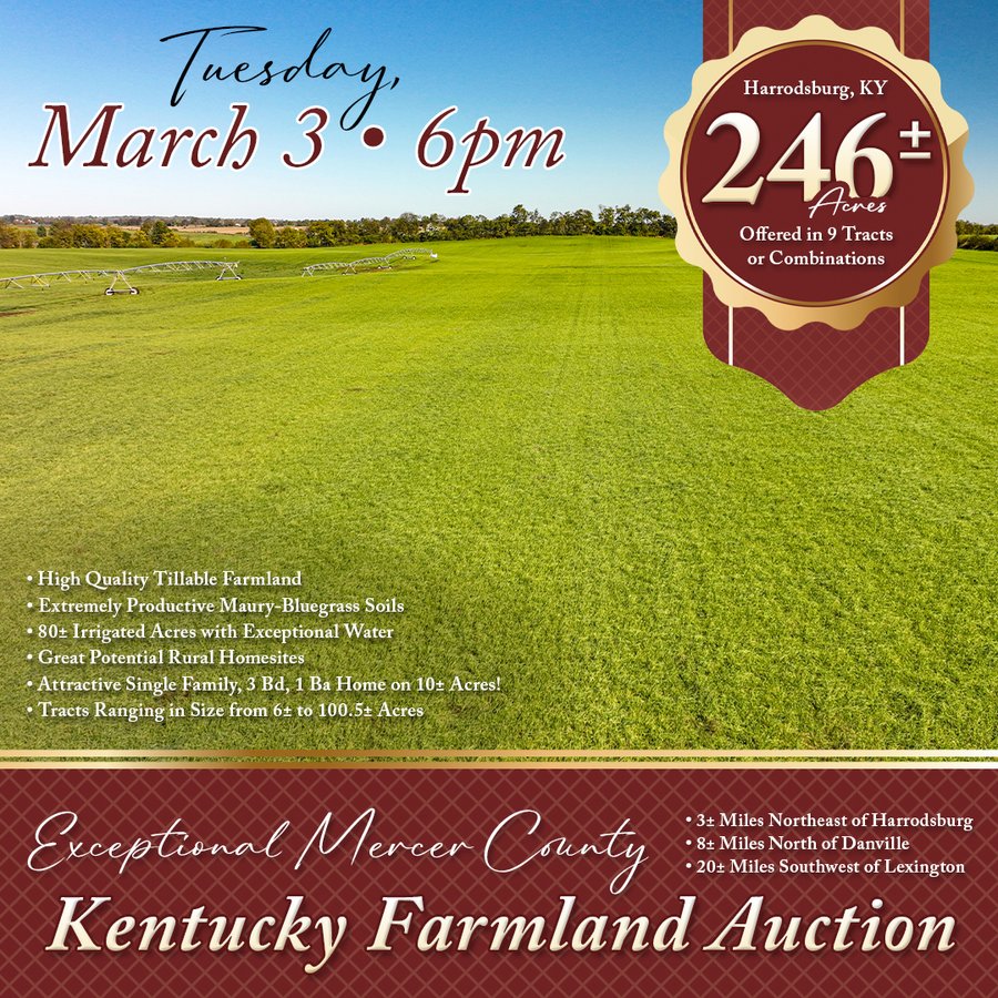 KENTUCKY FARMLAND AUCTION - 246+/-ACRES OFFERED IN 9 TRACTS IN MERCER COUNTY, KENTUCKY