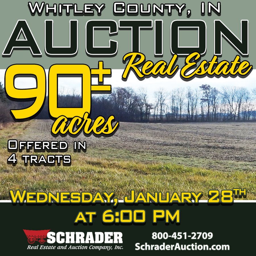 REAL ESTATE AUCTION - 90+/-ACRES OFFERED IN 4 TRACTS IN WHITLEY COUNTY, INDIANA
