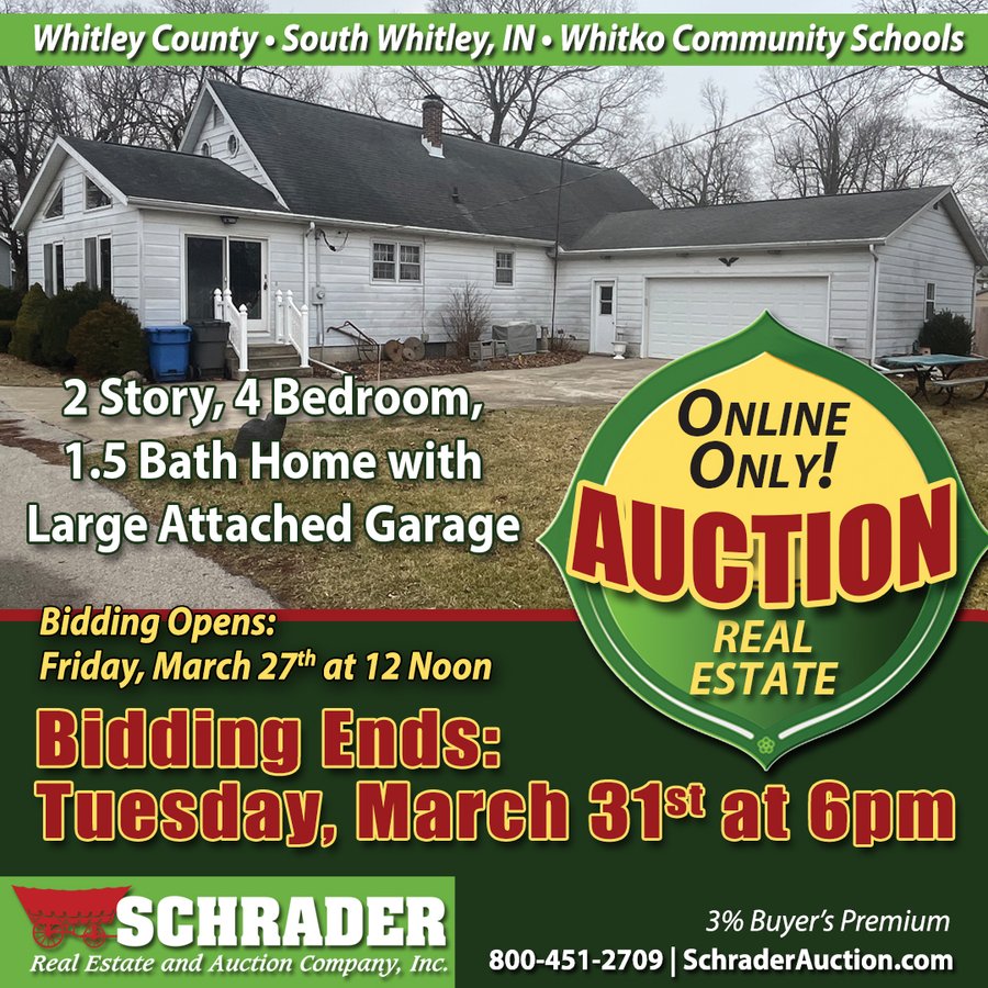 TIMED ONLINE ONLY REAL ESTATE AUCTION OFFERED IN 1 TRACT IN WHITLEY COUNTY, INDIANA