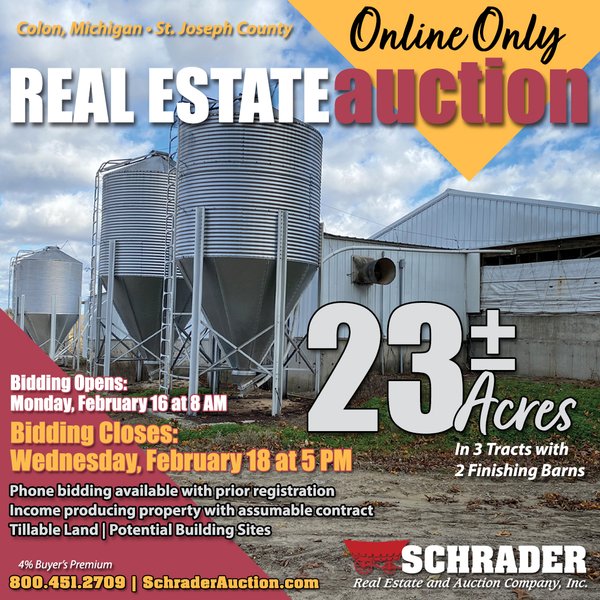 TIMED ONLINE ONLY REAL ESTATE AUCTION - 23+/- ACRES OFFERED IN 3 TRACTS IN ST JOSEPH COUNTY, MICHIGAN