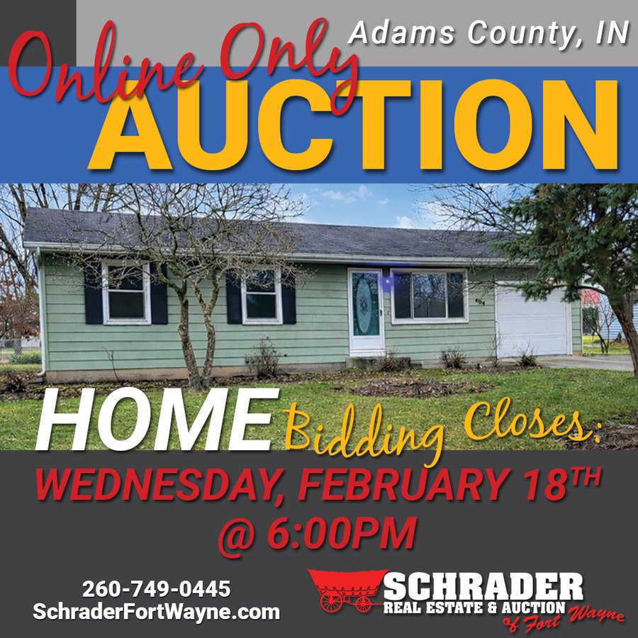 TIMED ONLINE ONLY REAL ESTATE AUCTION OFFERED IN 1 TRACT IN ADAMS COUNTY, INDIANA