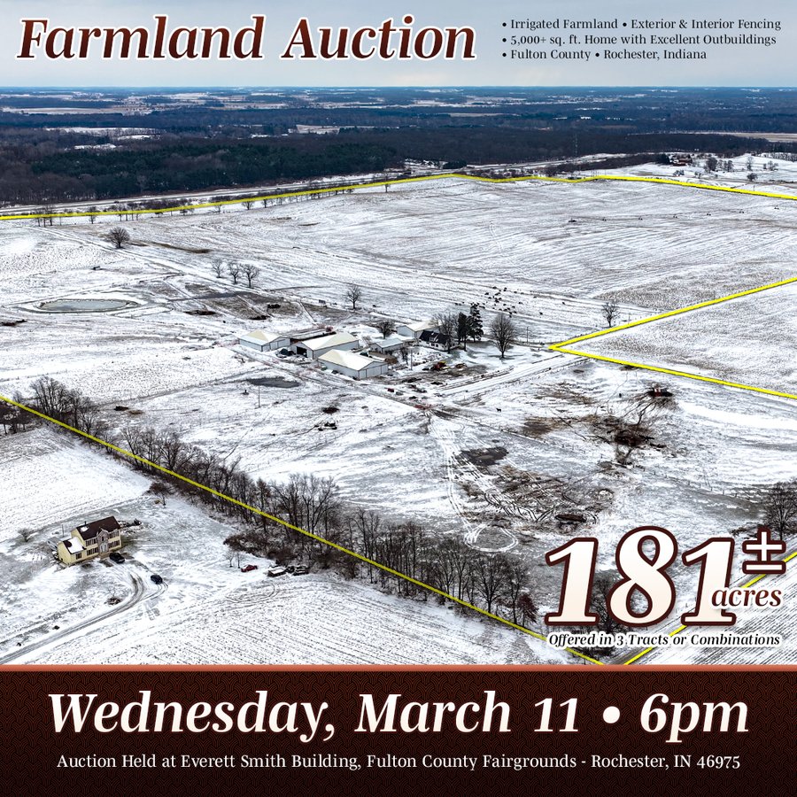 FARMLAND AUCTION - 181+/- ACRES OFFERED IN 3 TRACTS IN FULTON COUNTY, INDIANA