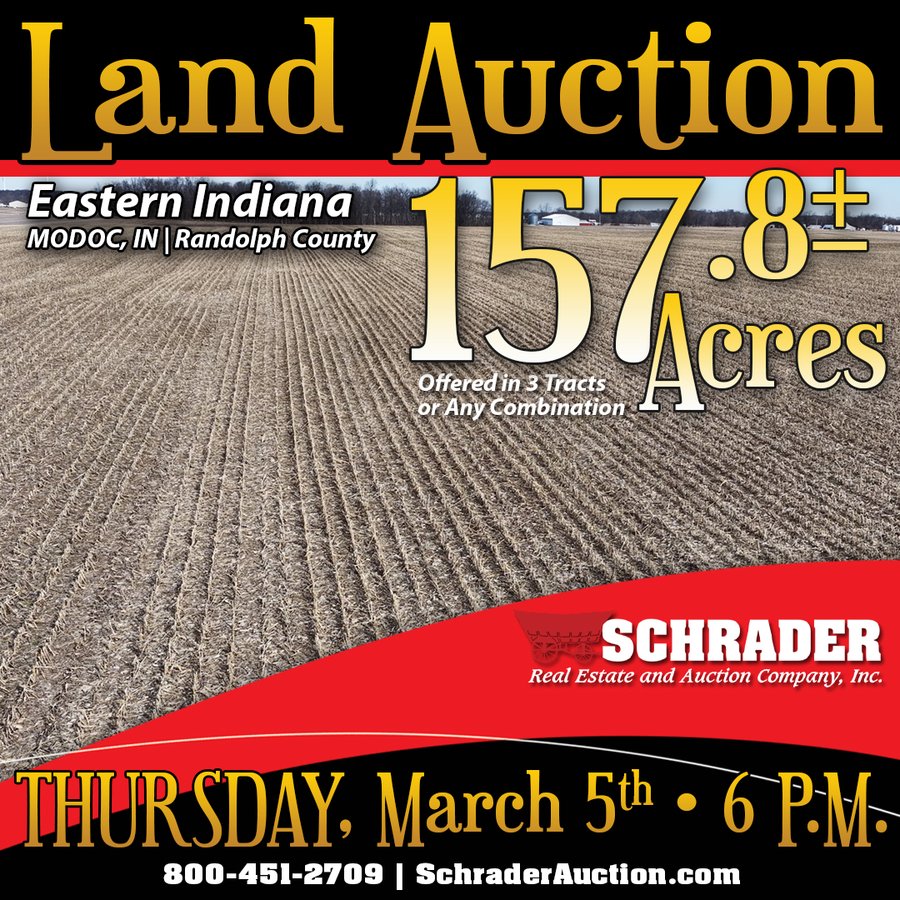 LAND AUCTION - 157.8+/- ACRES OFFERED IN 3 TRACTS IN RANDOLPH COUNTY, INDIANA