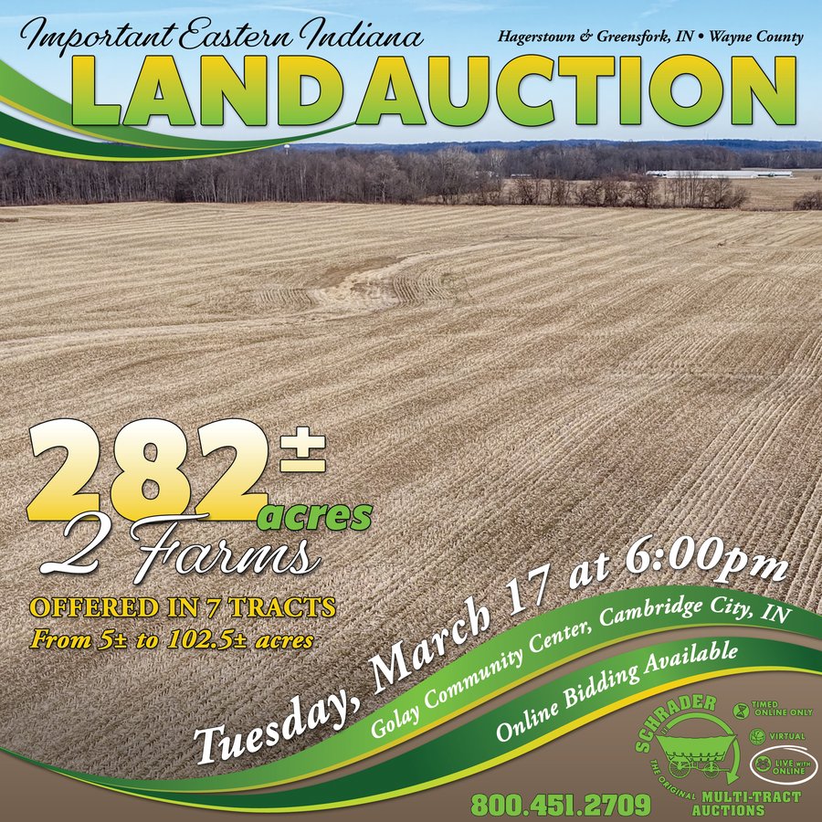 LAND AUCTION - 282+/-ACRES OFFERED IN 7 TRACTS IN WAYNE COUNTY, INDIANA