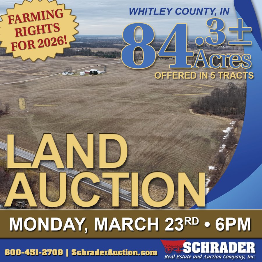 LAND AUCTION - 84.3+/-ACRES OFFERED IN 5 TRACTS IN WHITLEY COUNTY, INDIANA
