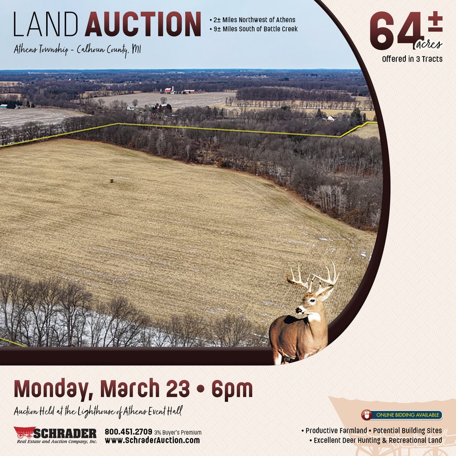 LAND AUCTION - 64+/-ACRES OFFERED IN 3 TRACTS IN CALHOUN COUNTY, MICHIGAN