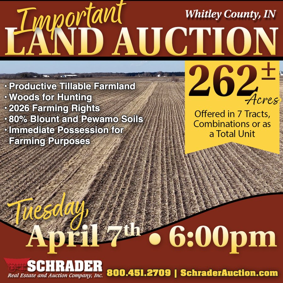 LAND AUCTION - 262+/-ACRES OFFERED IN 7 TRACTS IN WHITLEY COUNTY, INDIANA