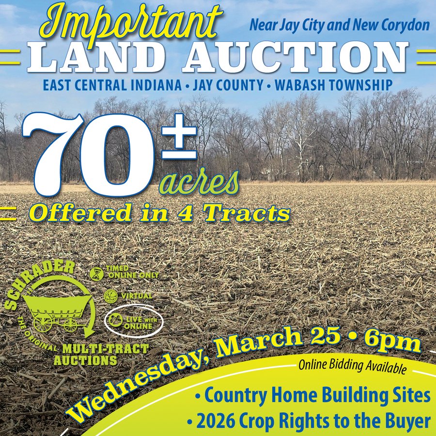 LAND AUCTION - 70+/-ACRES OFFERED IN 4 TRACTS IN JAY COUNTY, INDIANA