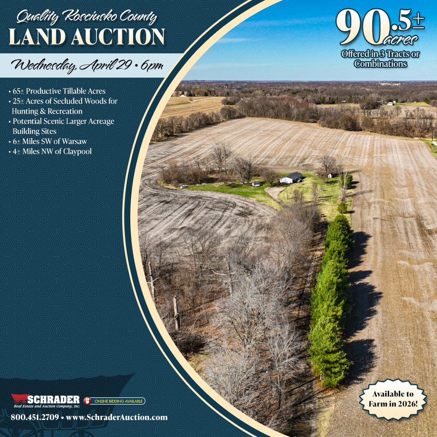 LAND AUCTION - 90.5+/-ACRES OFFERED IN 3 TRACTS IN KOSCIUSKO COUNTY, INDIANA