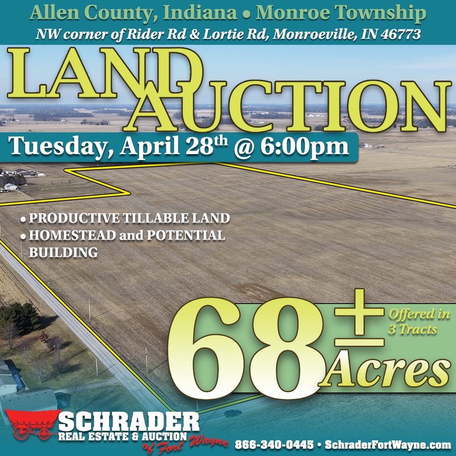 LAND AUCTION -68+/-ACRES OFFERED IN 3 TRACTS IN ALLEN COUNTY, INDIANA
