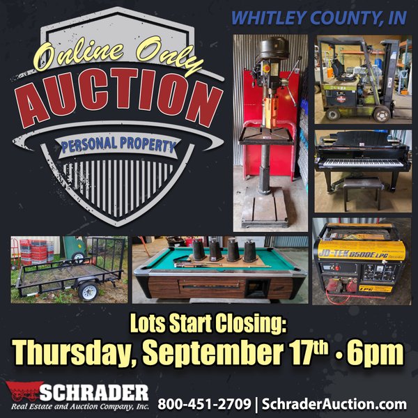 TIMED ONLINE ONLY PERSONAL PROPERTY AUCTION IN WHITLEY COUNTY, INDIANA - 105 W Main St, Larwill, IN 46764 - Whitley County, Indiana