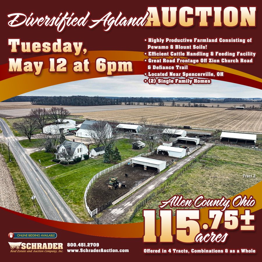 LAND AUCTION - 115.75+/-ACRES OFFERED IN 4 TRACTS IN ALLEN COUNTY, OHIO
