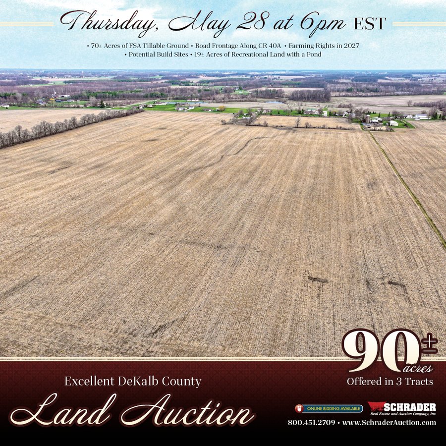 LAND AUCTION - 90+/-ACRES OFFERED IN 3 TRACTS IN DEKALB COUNTY, INDIANA