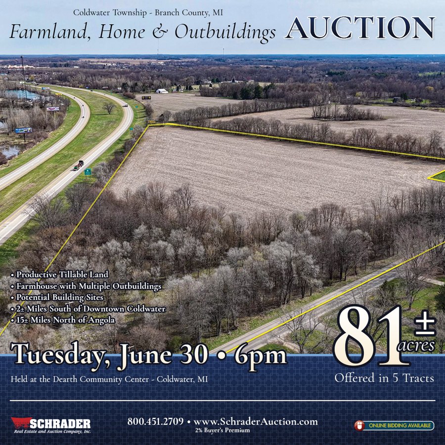 FARMLAND AUCTION - 81+/-ACRES OFFERED IN 5 TRACTS IN BRANCH COUNTY, MICHIGAN