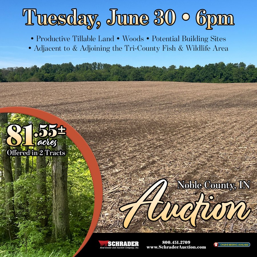 LAND AUCTION - 81.55+/-ACRES OFFERED IN 2 TRACTS IN NOBLE COUNTY, INDIANA