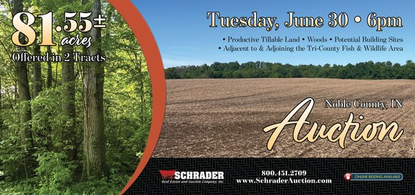 Sold: LAND AUCTION - 81.55+/-ACRES OFFERED IN 2 TRACTS IN NOBLE COUNTY, INDIANA - CR 125 S, Cromwell, IN 46732 - Noble County, Indiana