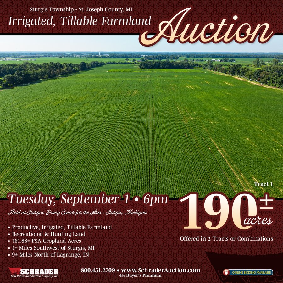 FARMLAND AUCTION - 190+/-ACRES OFFERED IN 2 TRACTS IN ST JOSEPH COUNTY, MICHIGAN