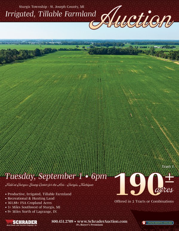 Sold: FARMLAND AUCTION - 190+/-ACRES OFFERED IN 2 TRACTS IN ST JOSEPH COUNTY, MICHIGAN - E Fawn River Rd, Sturgis, MI 49091 - St Joseph County, Michigan