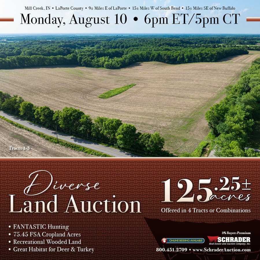 LAND AUCTION - 125.25+/-ACRES OFFERED IN 4 TRACTS IN LAPORTE COUNTY, INDIANA