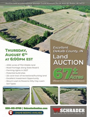 Sold: LAND AUCTION - 67+/-ACRES OFFERED IN 5 TRACTS IN DEKALB COUNTY, INDIANA - SR 6, Butler, IN 46721 - DeKalb County, Indiana