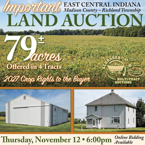 LAND AUCTION - 79+/-ACRES OFFERED IN 4 TRACTS IN MADISON COUNTY, INDIANA - 4196 E 500 N, Alexandria, IN 46001 - Madison County, Indiana