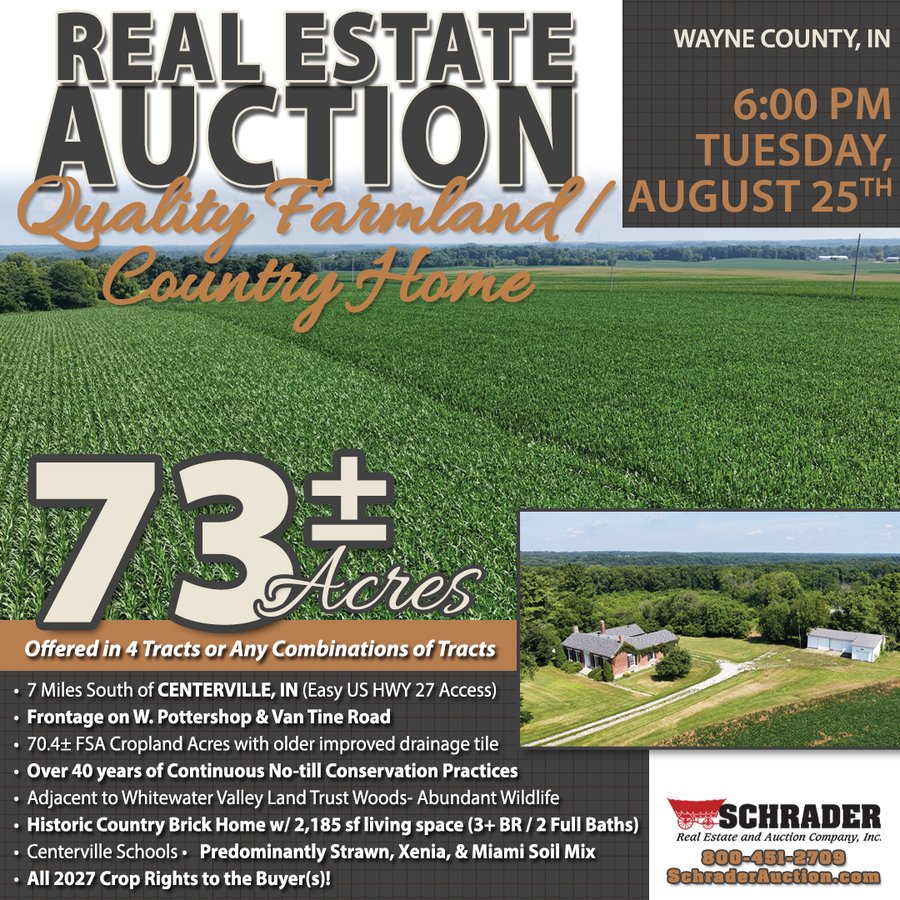REAL ESTATE AUCTION - 73+/- ACRES OFFERED IN 4 TRACTS IN WAYNE COUNTY, INDIANA