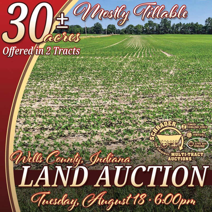LAND AUCTION - 30+/-ACRES OFFERED IN 2 TRACTS IN WELLS COUNTY, INDIANA