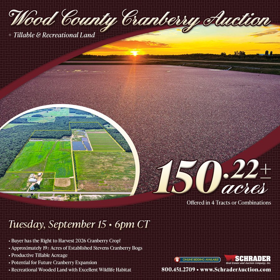 CRANBERRY & TILLABLE LAND AUCTION - 150.22+/-ACRES OFFERED IN 4 TRACTS IN WOOD COUNTY, WISCONSIN