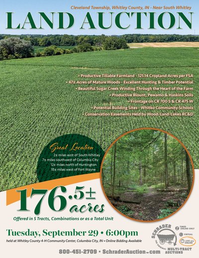 Sold: FARM AND WOODS AUCTION - 176.5+/-ACRES OFFERED IN 5 TRACTS IN WHITLEY COUNTY, INDIANA - 4470 W 700 S, South Whitley, IN 46787 - Whitley County, Indiana
