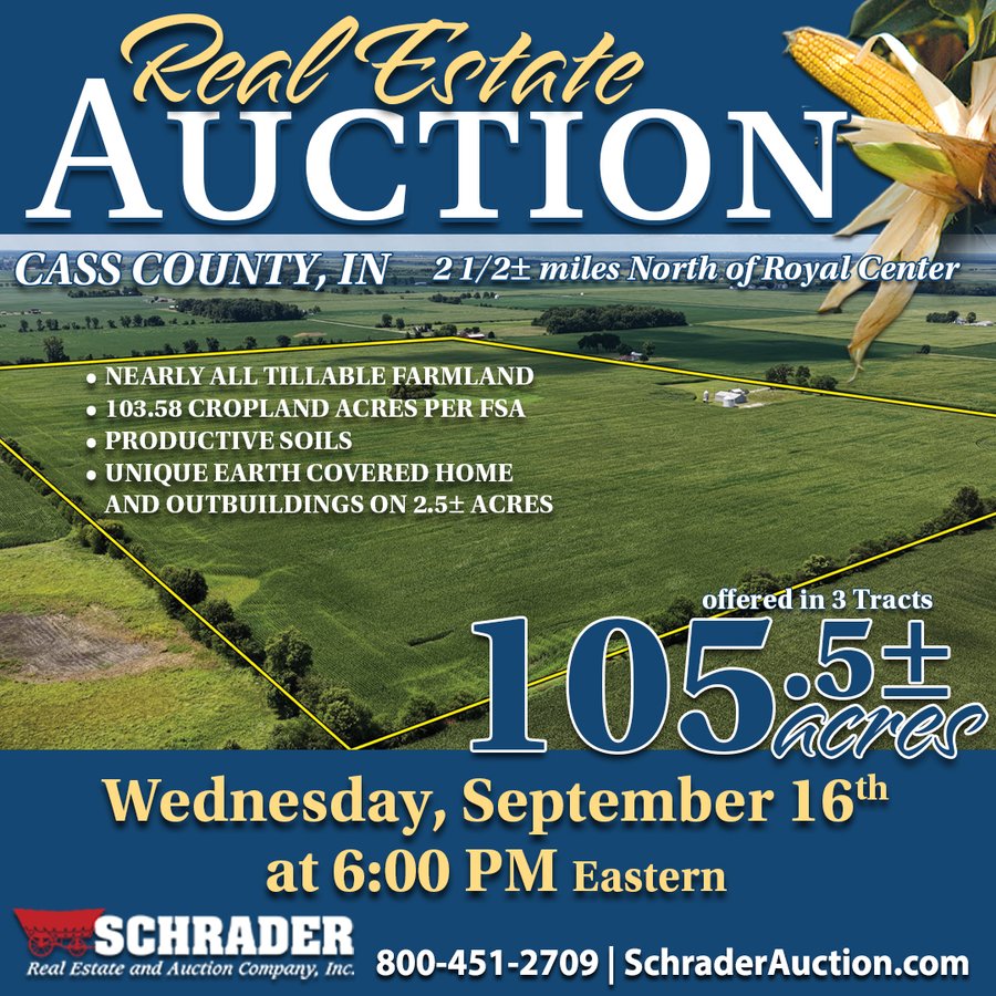 REAL ESTATE AUCTION - 105.5+/-ACRES OFFERED IN 3 TRACTS IN CASS COUNTY, INDIANA