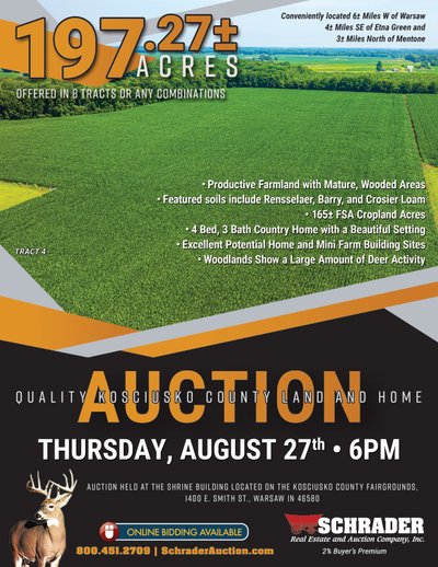 Sold: LAND AUCTION - 197.27+/-ACRES OFFERED IN 8 TRACTS IN KOSCIUSKO COUNTY, INDIANA - S 900 W, MENTONE, IN 46539 - Kosciusko County, Indiana