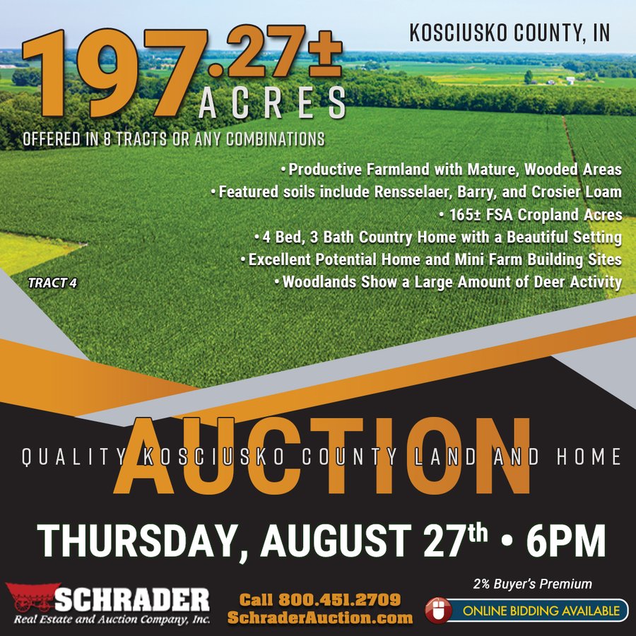 LAND AUCTION - 197.27+/-ACRES OFFERED IN 8 TRACTS IN KOSCIUSKO COUNTY, INDIANA