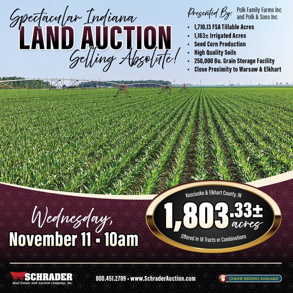 LAND AUCTION - 1,803.33+/-ACRES OFFERED IN 18 TRACTS IN KOSCIUSKO AND ELKHART COUNTY, INDIANA