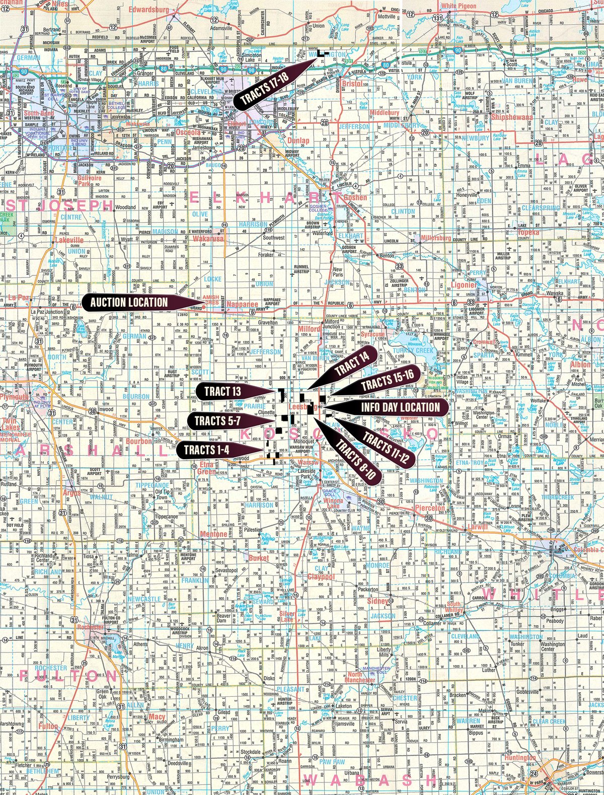 Location Map - LAND AUCTION - 1,803.33+/-ACRES OFFERED IN 18 TRACTS IN KOSCIUSKO AND ELKHART COUNTY, INDIANA