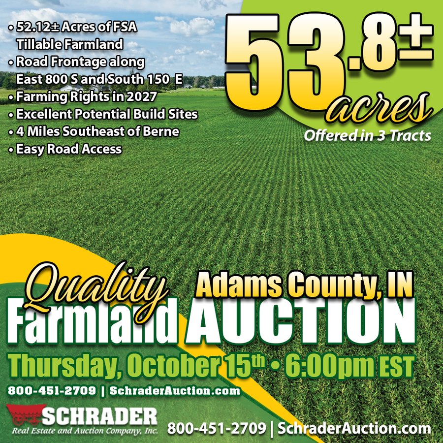 FARMLAND AUCTION - 53.8+/-ACRES OFFERED IN 3 TRACTS IN ADAMS COUNTY, INDIANA