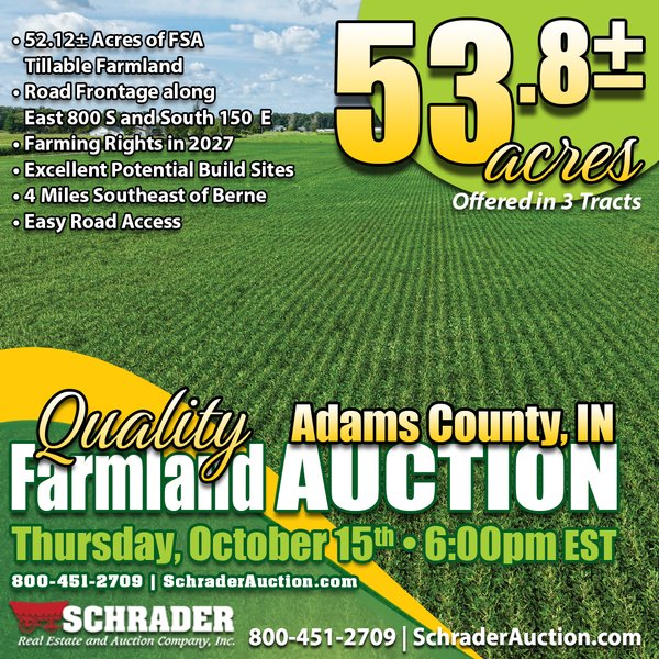 FARMLAND AUCTION - 53.8+/-ACRES OFFERED IN 3 TRACTS IN ADAMS COUNTY, INDIANA - S 150 E, Berne, IN 46711 - Adams County, Indiana