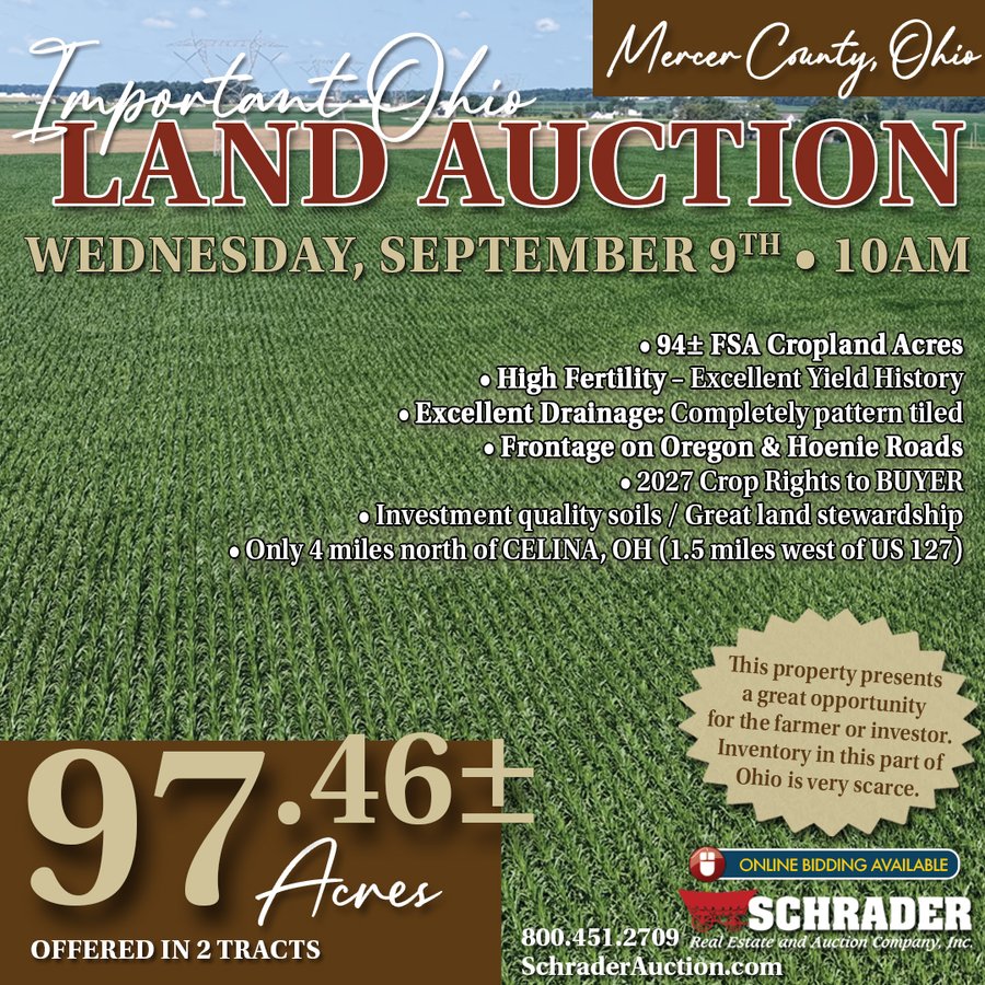 LAND AUCTION 97.46+/-ACRES OFFERED IN 2 TRACTS IN MERCER COUNTY, OHIO