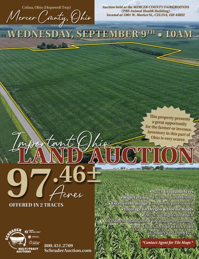 Sold: LAND AUCTION 97.46+/-ACRES OFFERED IN 2 TRACTS IN MERCER COUNTY, OHIO - 8987 Hoenie Rd, Celina, OH 45822 - Mercer County, Ohio