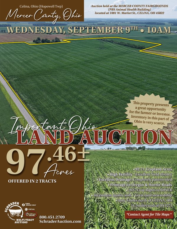 Sold: LAND AUCTION 97.46+/-ACRES OFFERED IN 2 TRACTS IN MERCER COUNTY, OHIO - 8987 Hoenie Rd, Celina, OH 45822 - Mercer County, Ohio