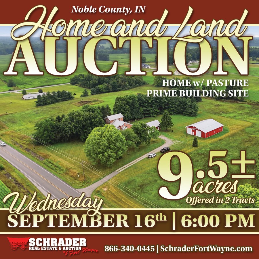 HOME AND LAND AUCTION - 9.5+/-ACRES OFFERED IN 2 TRACTS IN NOBLE COUNTY, INDIANA