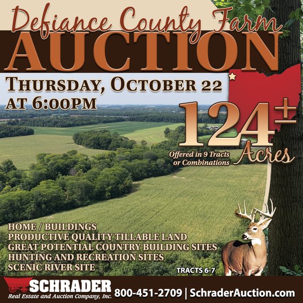 FARMLAND AUCTION - 124+/-ACRES OFFERED IN 9 TRACTS IN DEFIANCE COUNTY, OHIO - 15370 S.R. 111 and Cromley Road, Defiance OH 43512 - Defiance County, Ohio