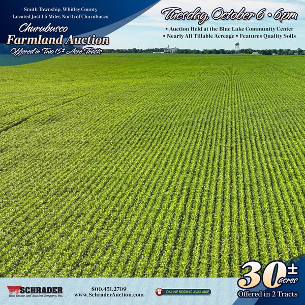 FARMLAND AUCTION - 30+/-ACRES OFFERED IN 2 TRACTS IN WHITLEY COUNTY, INDIANA - E 600 N, Churubusco, IN 46723